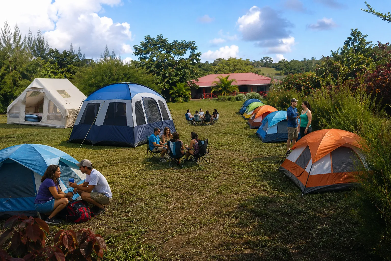 Ambiente de camping en Kona Noho: carpas de colores sobre un área verde con árboles, y viajeros conversando y compartiendo